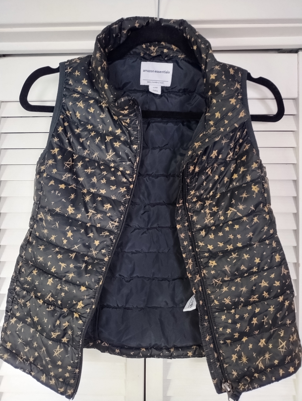 Amazon Essentials Black Puffer Vest with Gold Star Print